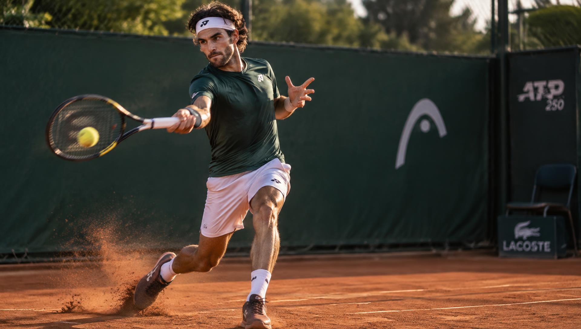 Tennisspelare slår en tung forehand på grusbana med racket strängat med Grapplesnake Soldier